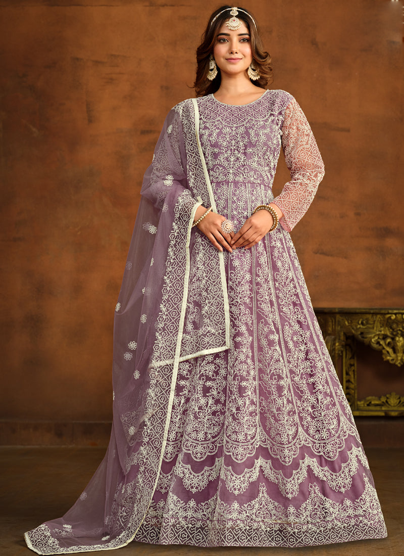 Designer Onion Pink Net Embroidery Anarkali Suit