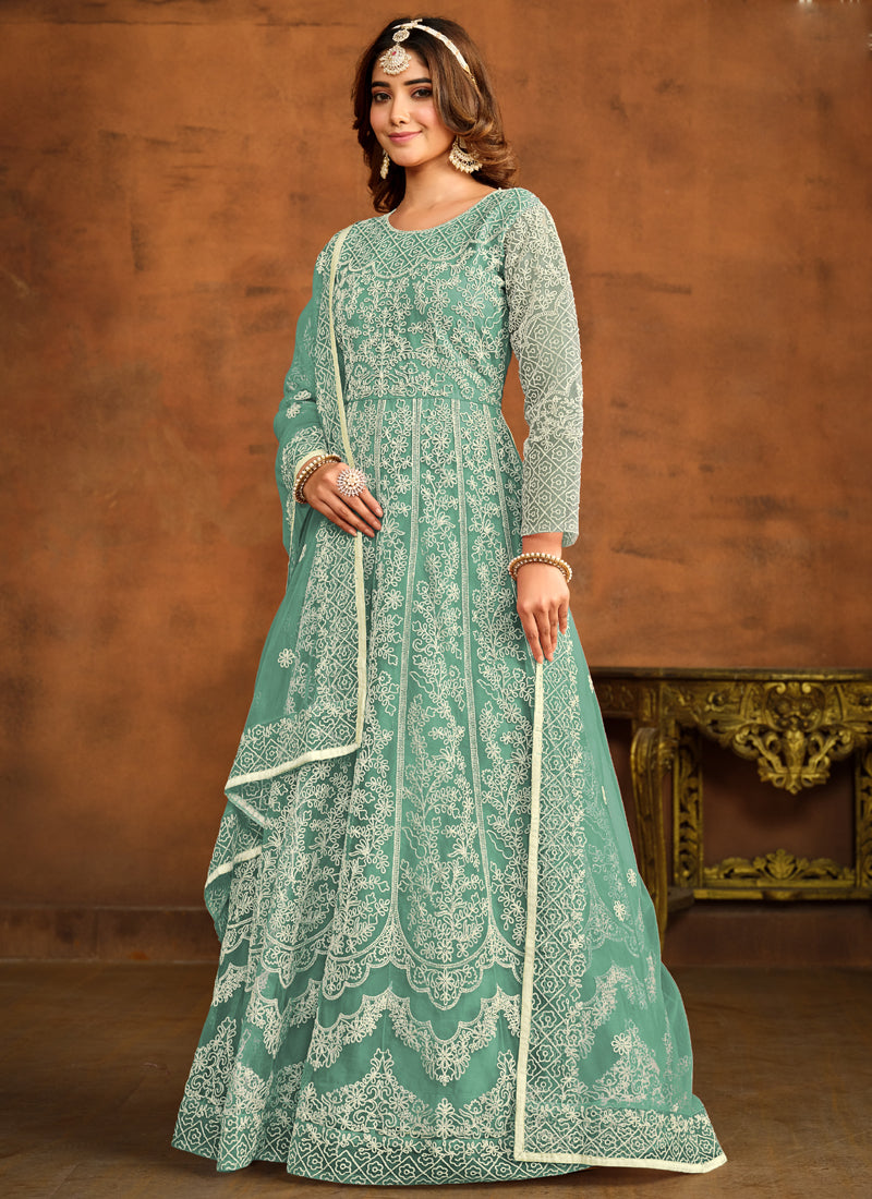 Designer Mint Green Net Embroidery Anarkali Suit
