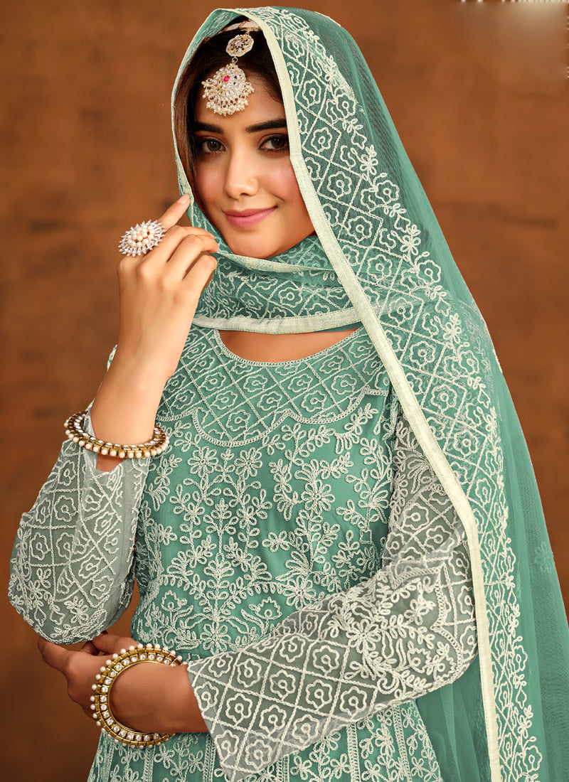 Designer Mint Green Net Embroidery Anarkali Suit