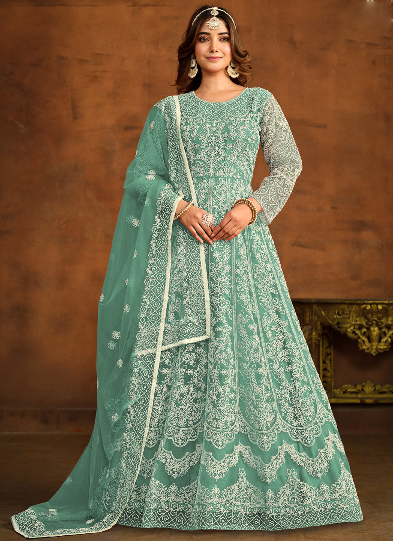 Designer Mint Green Net Embroidery Anarkali Suit