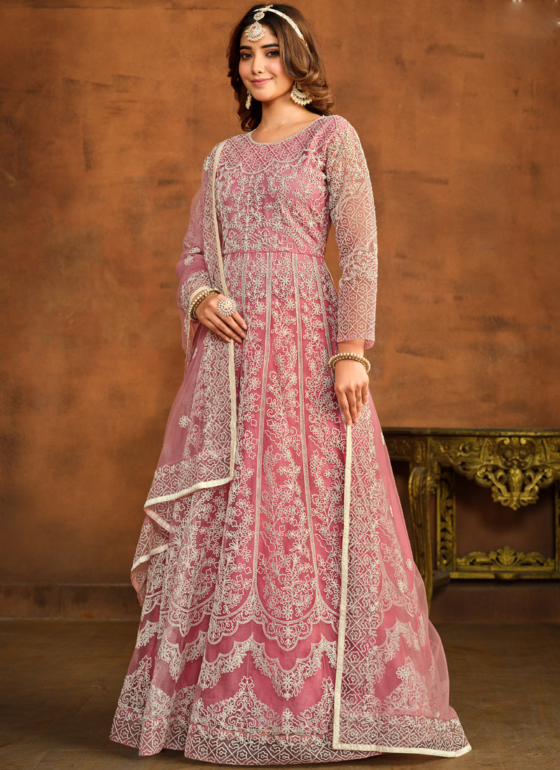 Designer Pink Net Embroidery Anarkali Suit