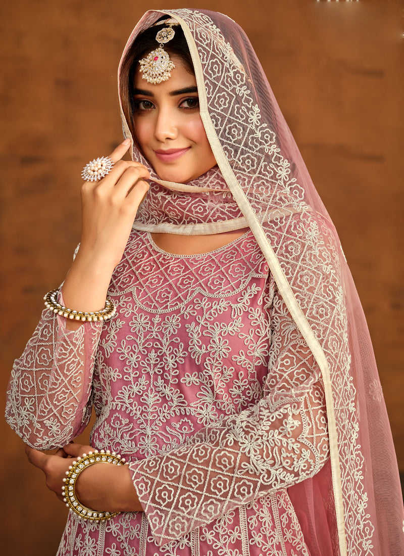 Designer Pink Net Embroidery Anarkali Suit