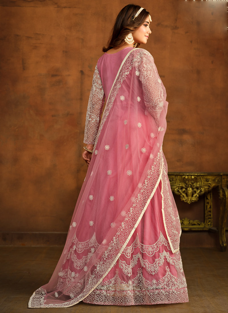 Designer Pink Net Embroidery Anarkali Suit