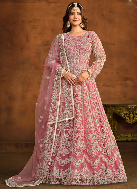Designer Pink Net Embroidery Anarkali Suit