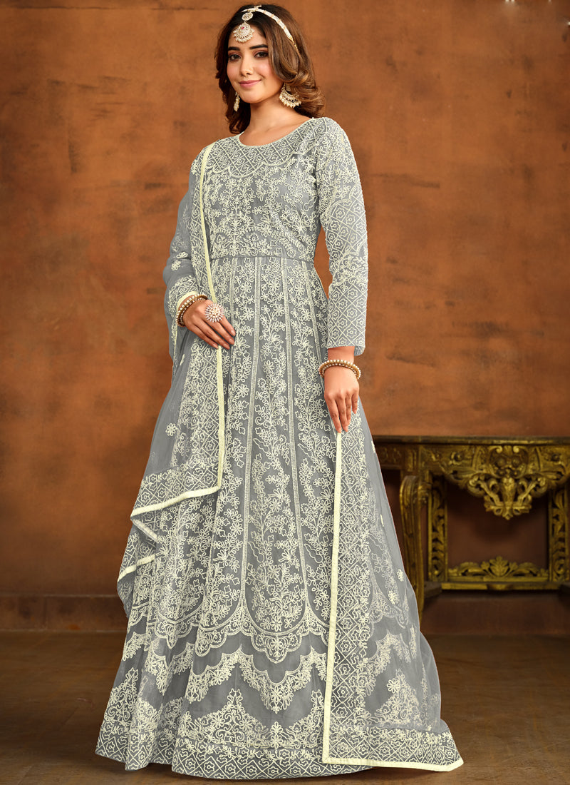 Designer Grey Net Embroidery Anarkali Suit