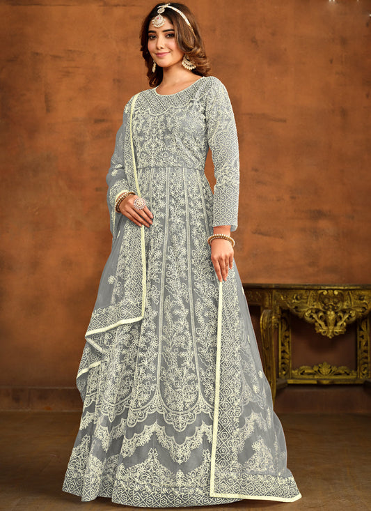 Designer Grey Net Embroidery Anarkali Suit
