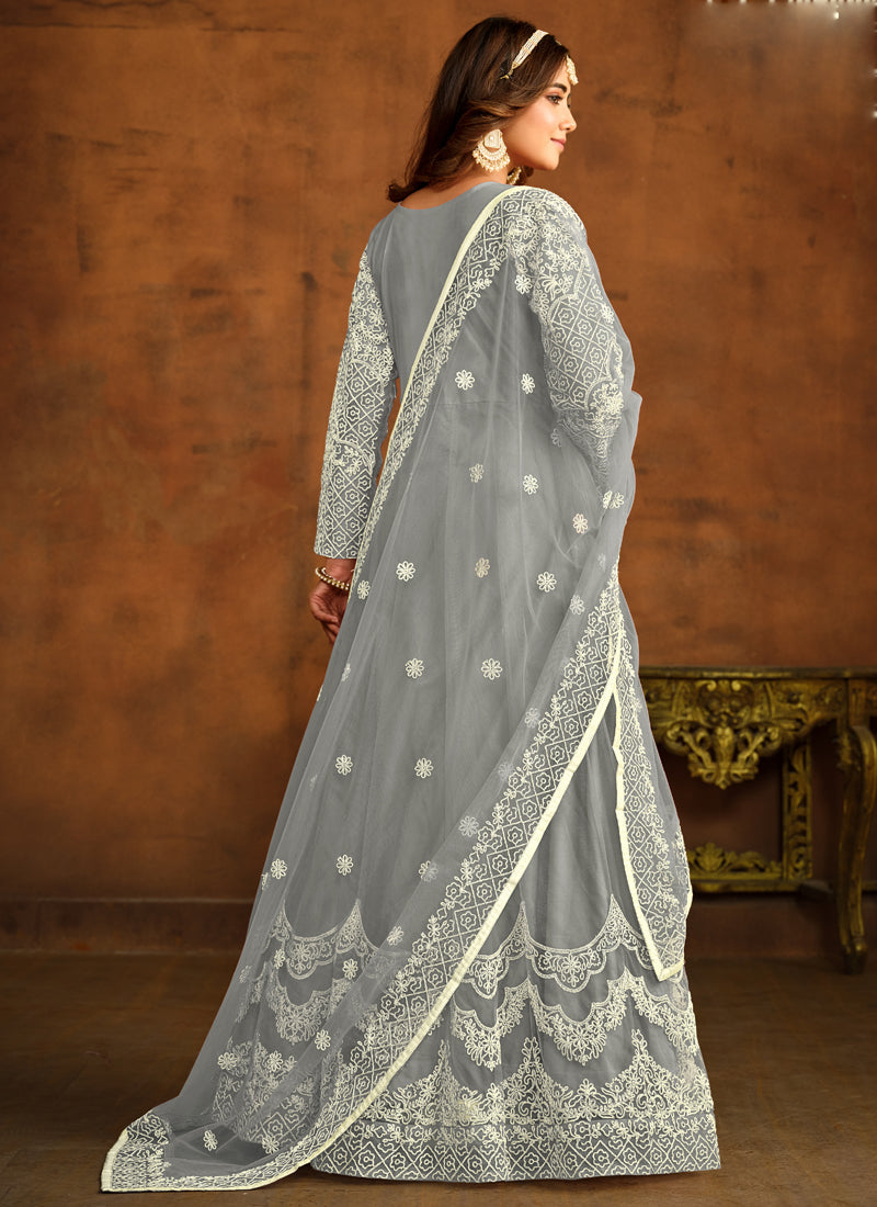 Designer Grey Net Embroidery Anarkali Suit