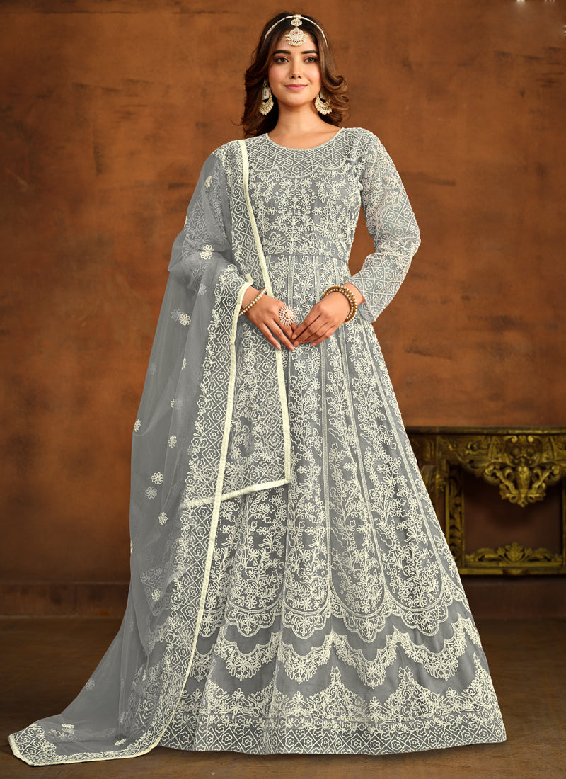 Designer Grey Net Embroidery Anarkali Suit