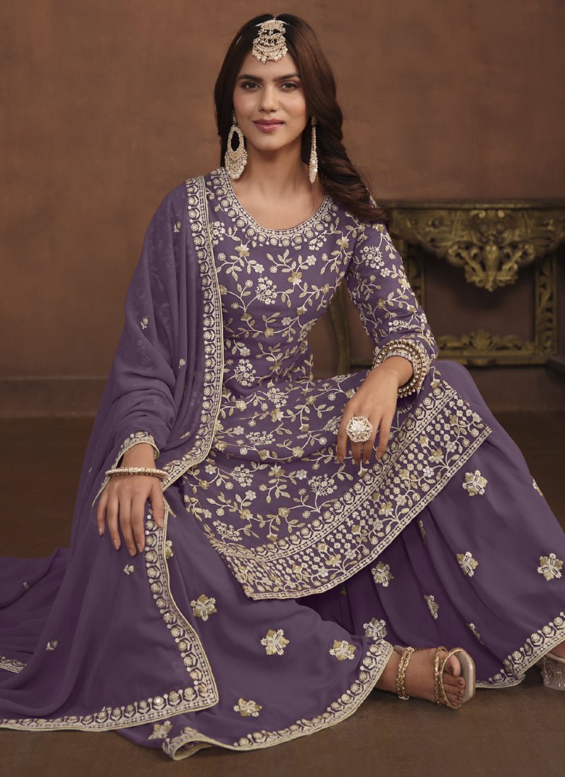 Designer Lavender Faux Georgette Embroidery Sharara Suit