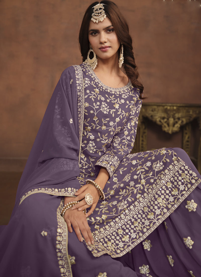 Designer Lavender Faux Georgette Embroidery Sharara Suit
