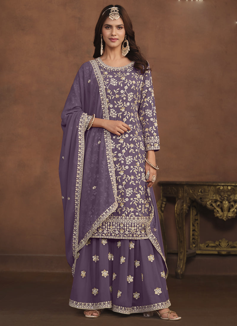 Designer Lavender Faux Georgette Embroidery Sharara Suit