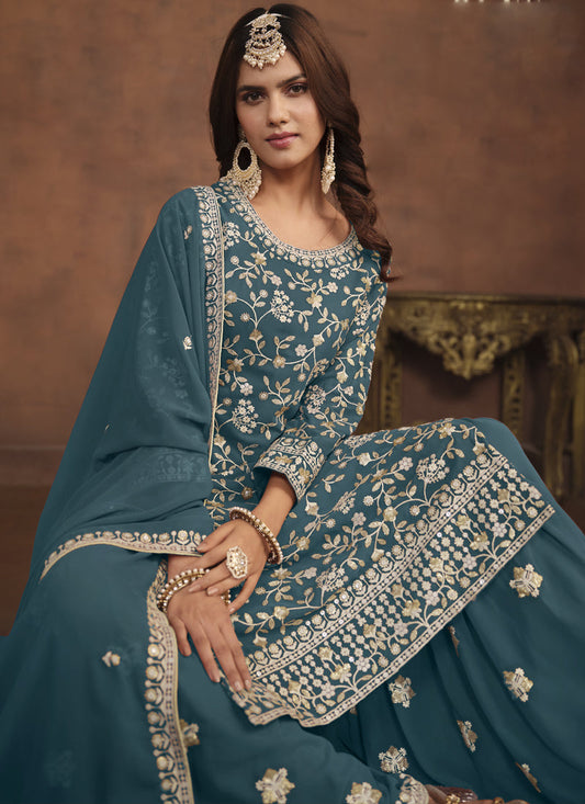 Designer Dark Grey Faux Georgette Embroidery Sharara Suit