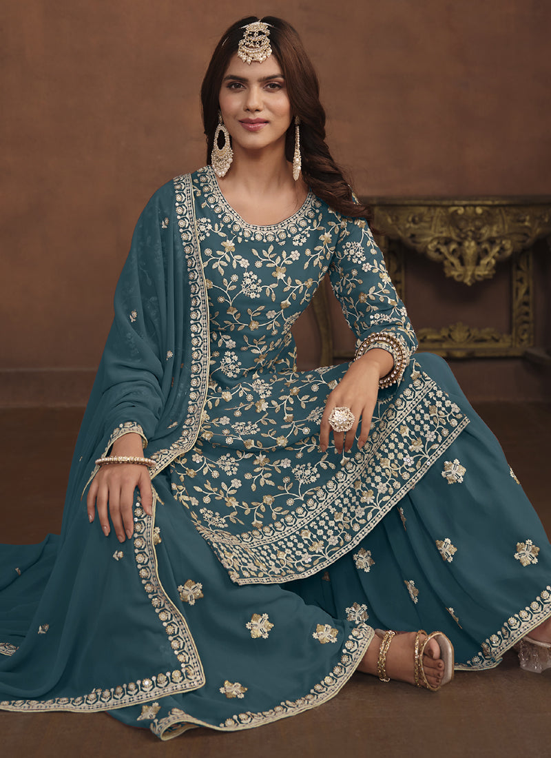 Designer Dark Grey Faux Georgette Embroidery Sharara Suit