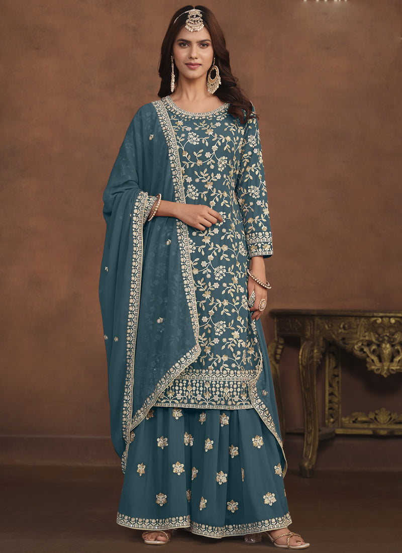 Designer Dark Grey Faux Georgette Embroidery Sharara Suit