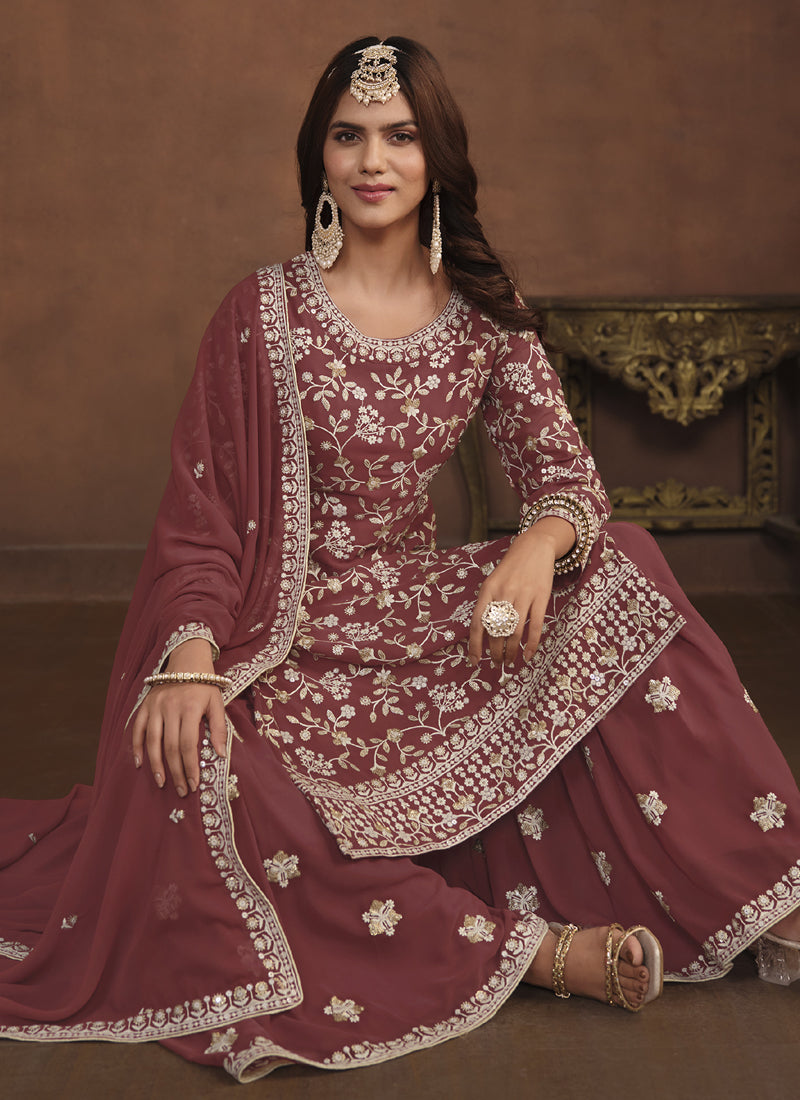 Designer Brown Faux Georgette Embroidery Sharara Suit