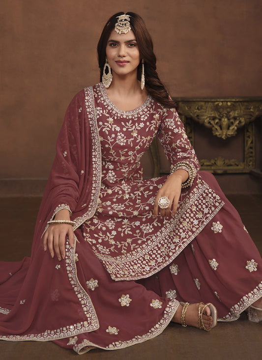 Designer Brown Faux Georgette Embroidery Sharara Suit