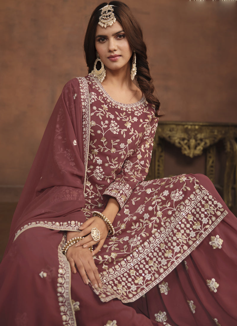 Designer Brown Faux Georgette Embroidery Sharara Suit
