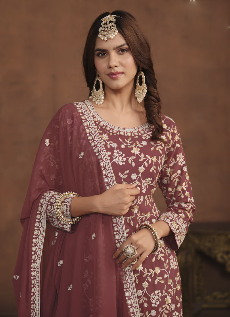 Designer Brown Faux Georgette Embroidery Sharara Suit