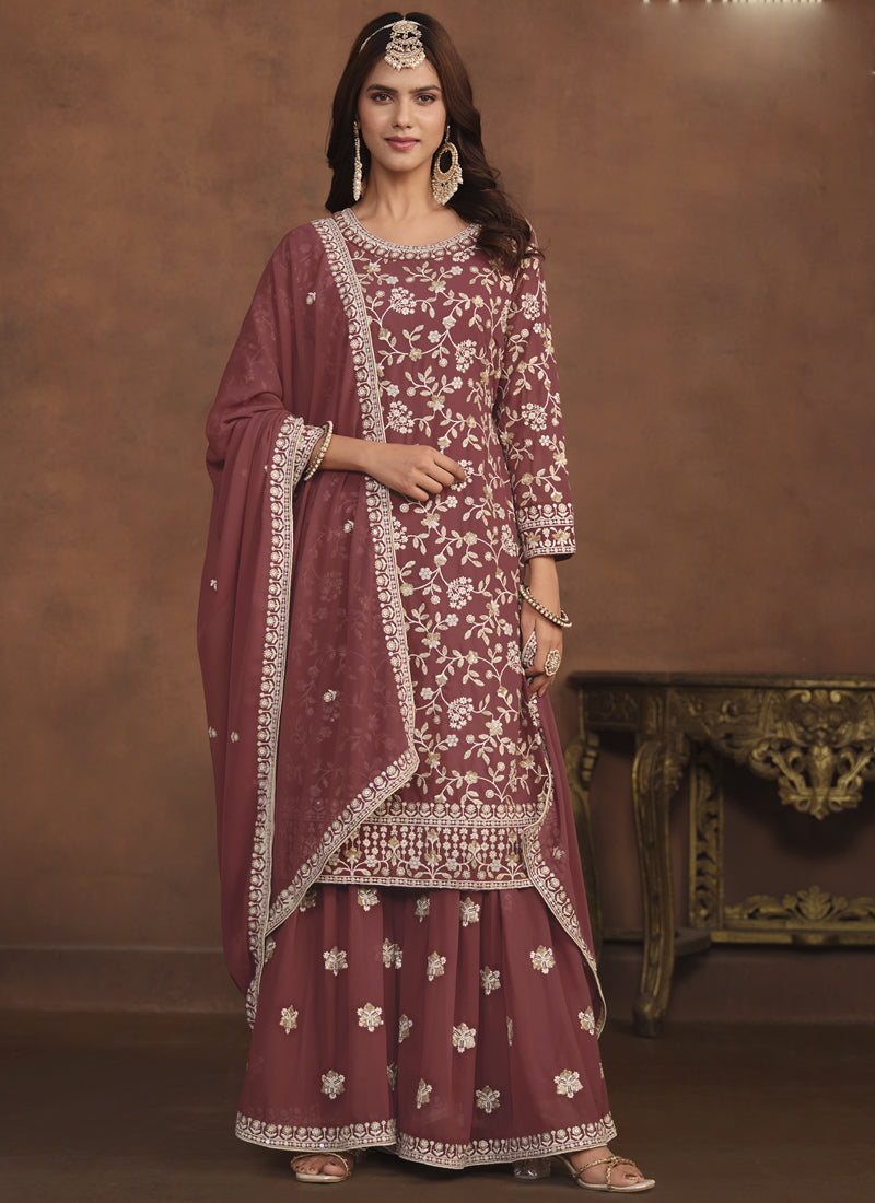 Designer Brown Faux Georgette Embroidery Sharara Suit
