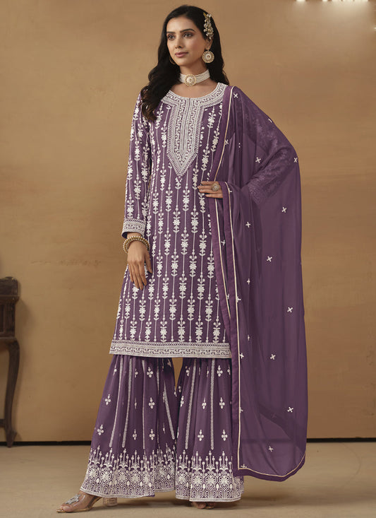 Designer Purple Faux Georgette Embroidery Sharara Suit