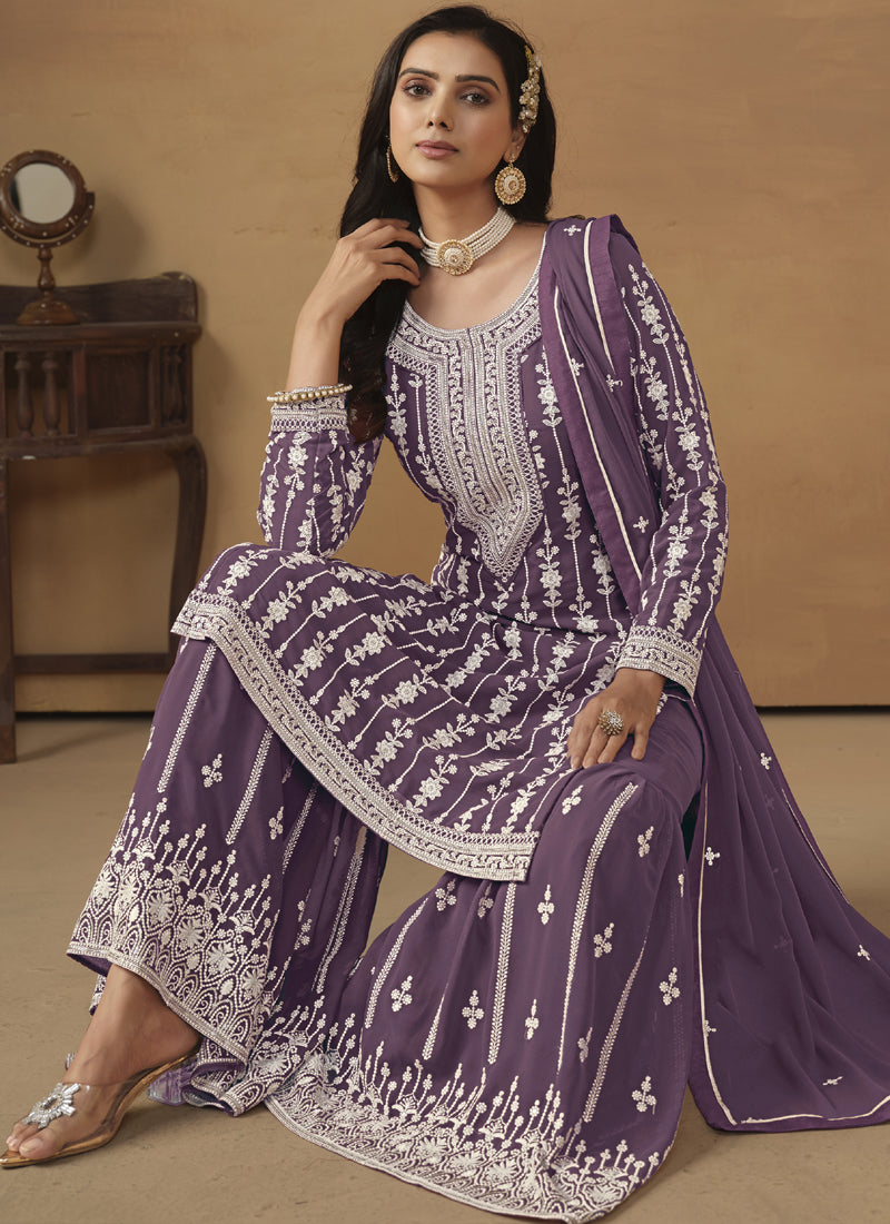 Designer Purple Faux Georgette Embroidery Sharara Suit