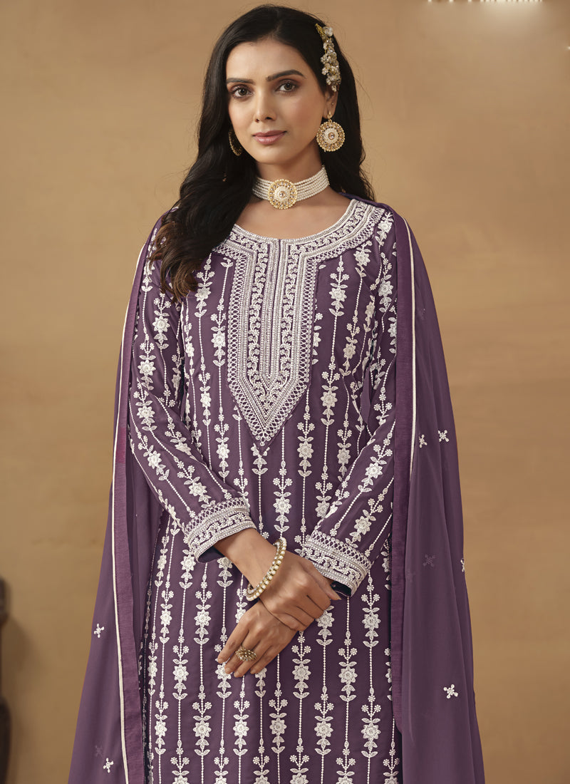 Designer Purple Faux Georgette Embroidery Sharara Suit