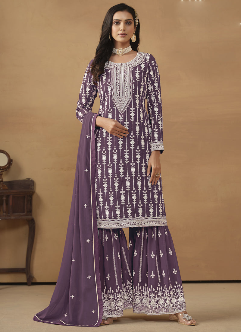 Designer Purple Faux Georgette Embroidery Sharara Suit