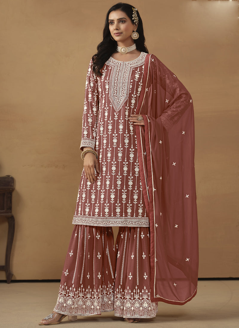 Designer Brown Faux Georgette Embroidery Sharara Suit