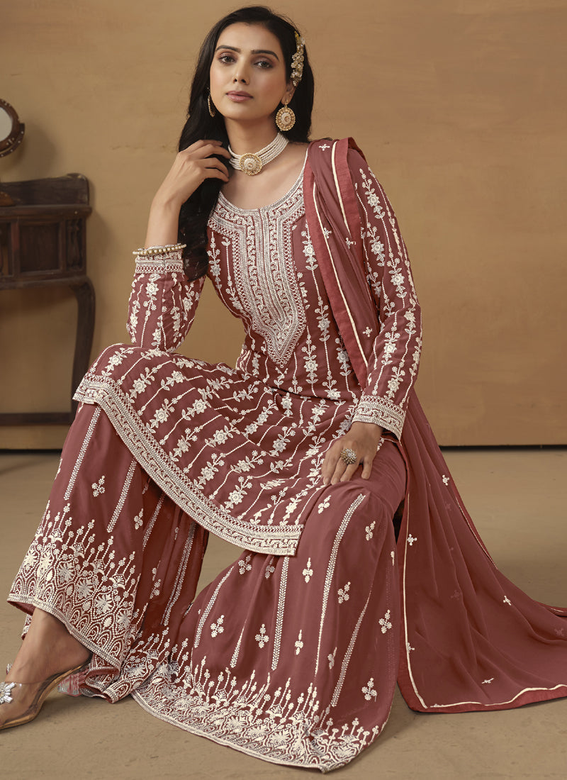 Designer Brown Faux Georgette Embroidery Sharara Suit