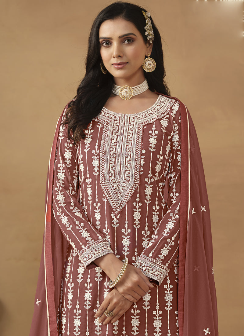Designer Brown Faux Georgette Embroidery Sharara Suit