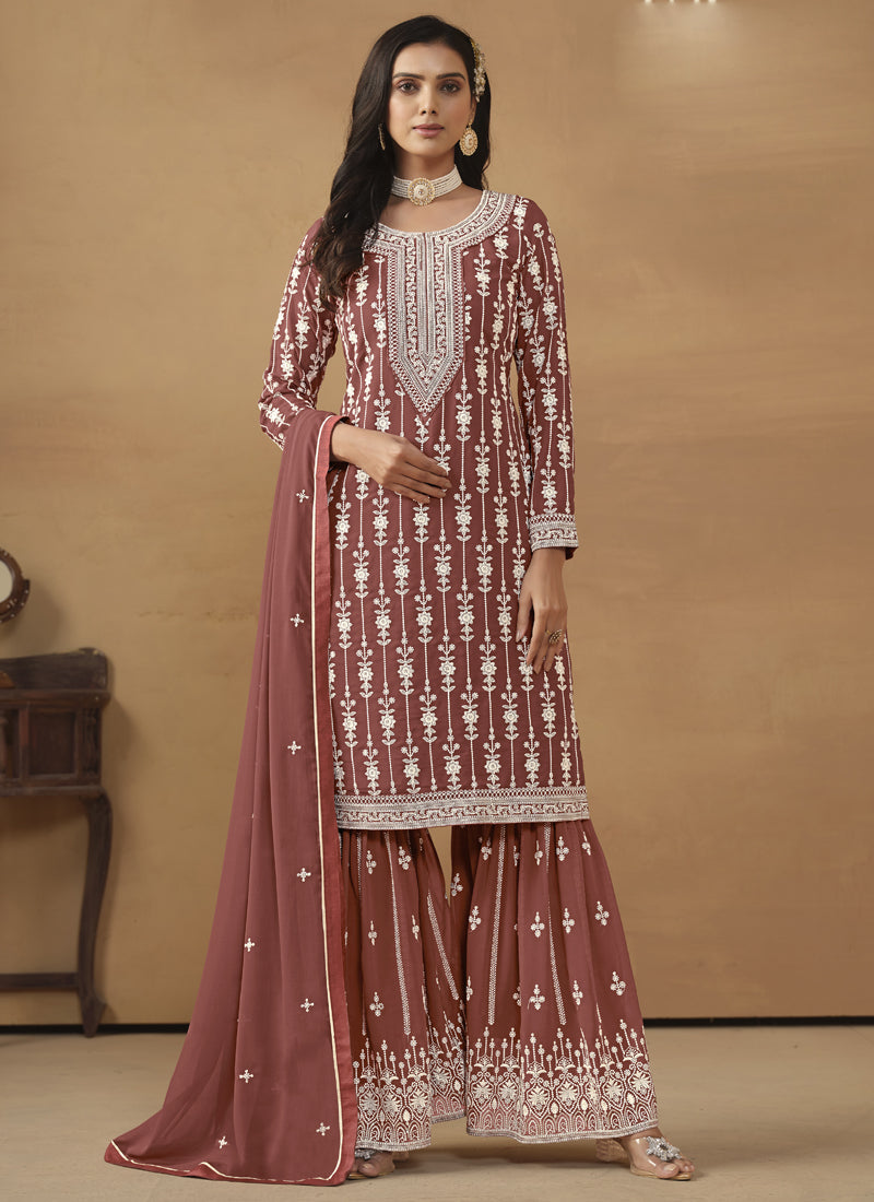 Designer Brown Faux Georgette Embroidery Sharara Suit