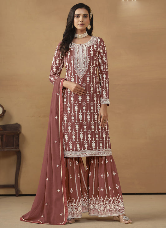Designer Brown Faux Georgette Embroidery Sharara Suit