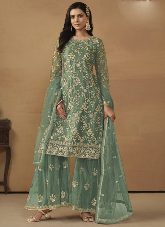 Light Green Net Embroidered Sharara Suit