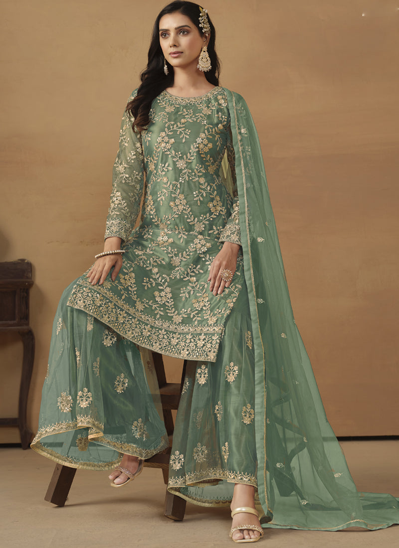 Light Green Net Embroidered Sharara Suit
