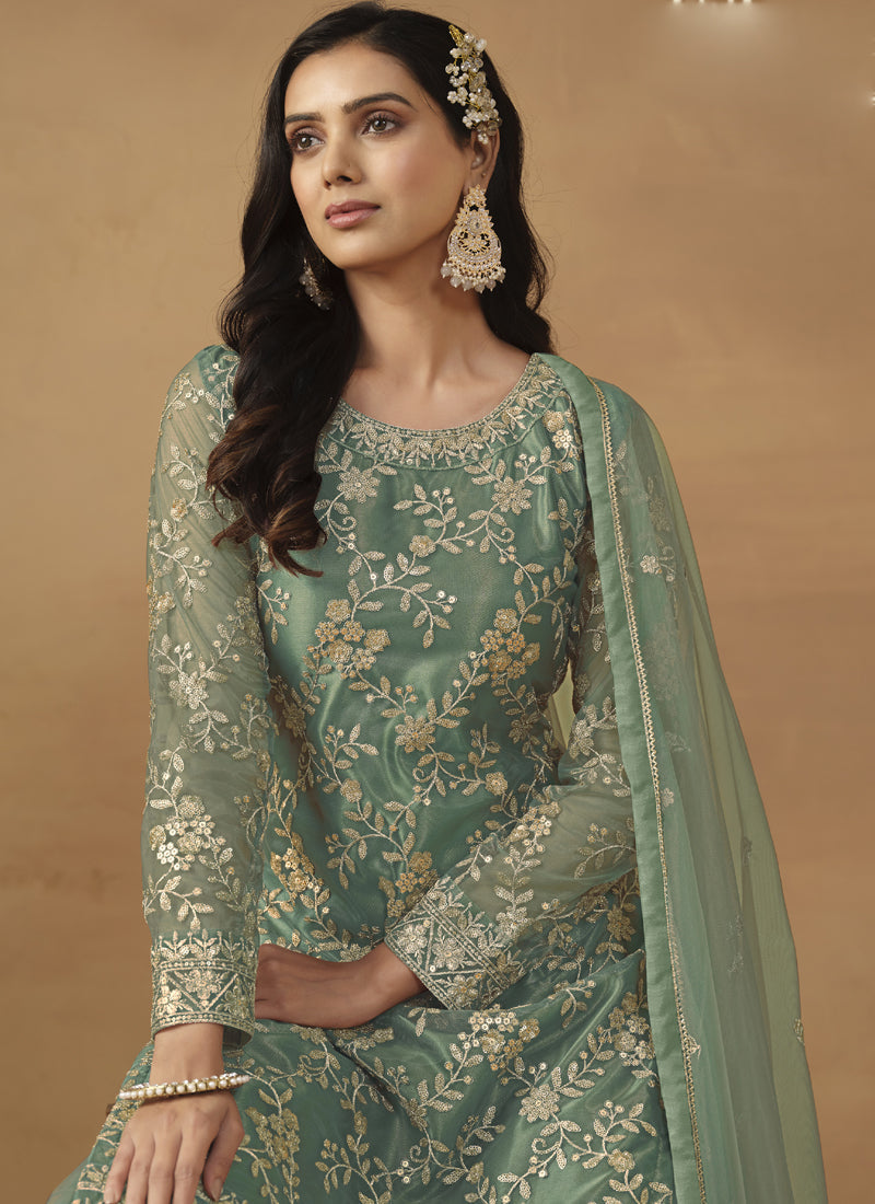 Light Green Net Embroidered Sharara Suit