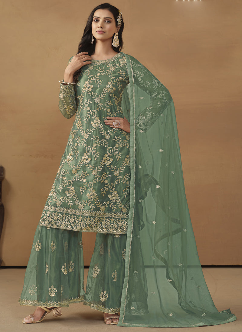 Light Green Net Embroidered Sharara Suit