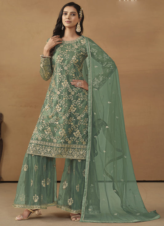 Light Green Net Embroidered Sharara Suit
