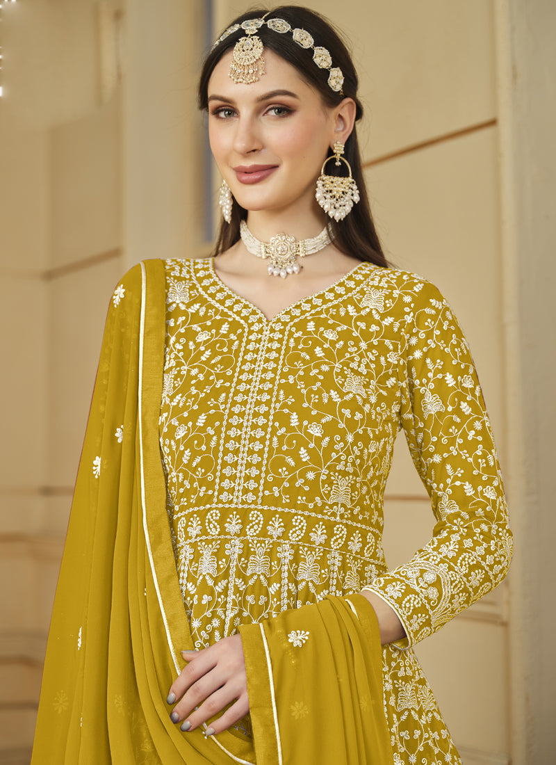 Designer Yellow Faux Georgette Embroidery Anarkali Suit