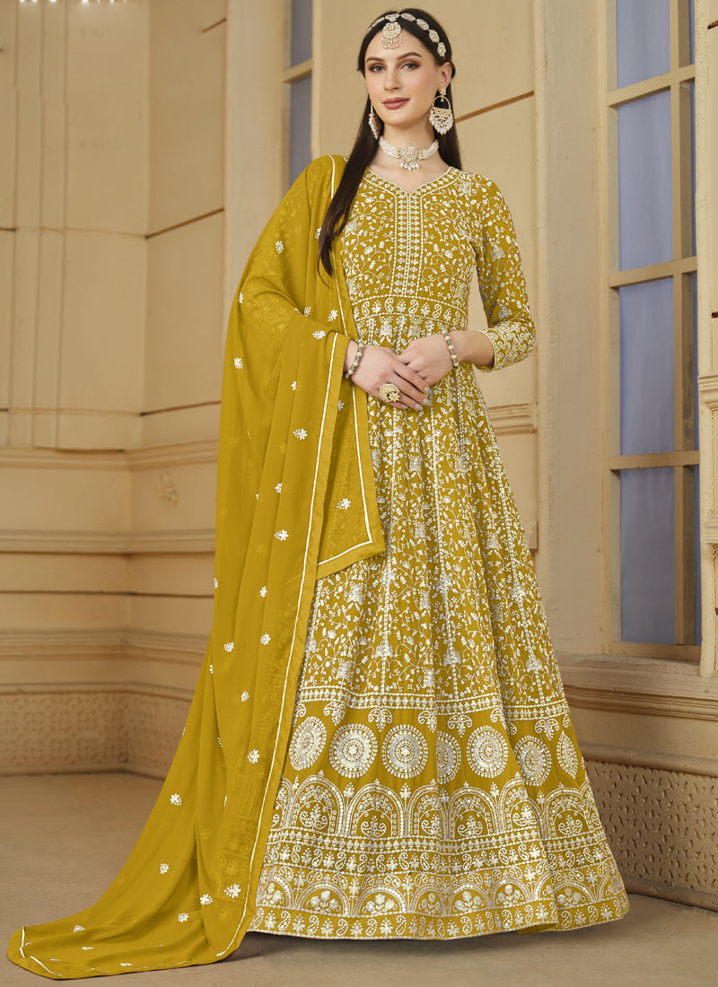 Designer Yellow Faux Georgette Embroidery Anarkali Suit