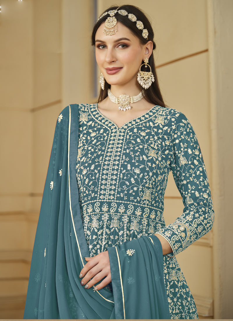 Designer Grey Faux Georgette Embroidery Anarkali Suit