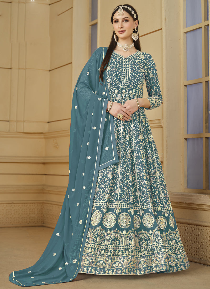 Designer Grey Faux Georgette Embroidery Anarkali Suit
