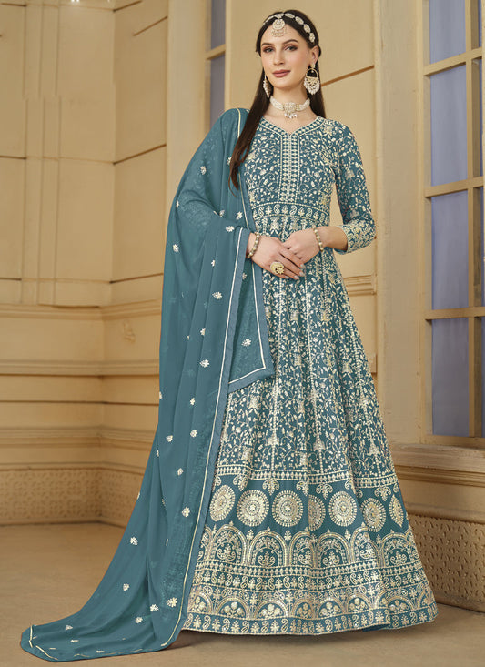 Designer Grey Faux Georgette Embroidery Anarkali Suit
