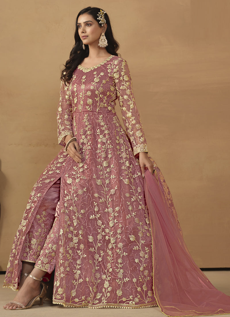 Onion Pink Net Emboidered Wedding Wear Anarkali Suit