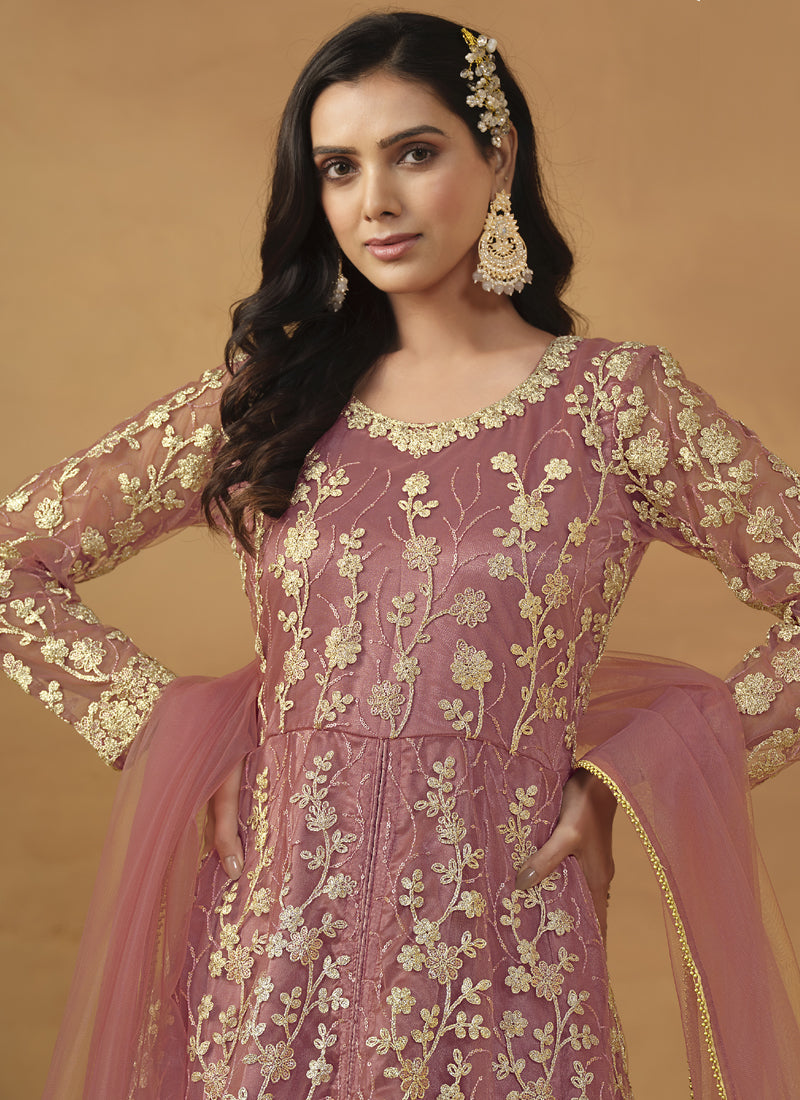 Onion Pink Net Emboidered Wedding Wear Anarkali Suit