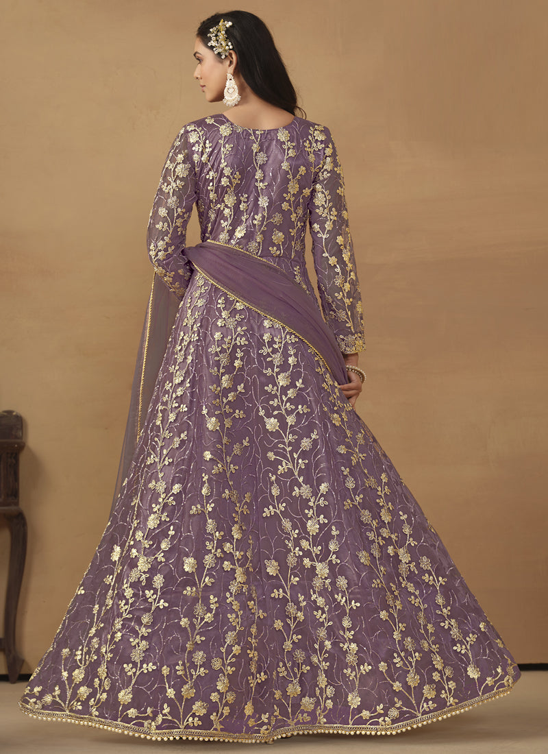 Lavender Net Emboidered Wedding Wear Anarkali Suit