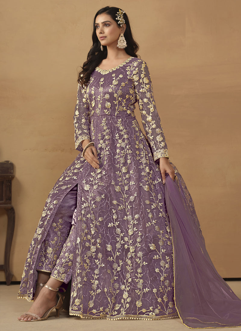 Lavender Net Emboidered Wedding Wear Anarkali Suit
