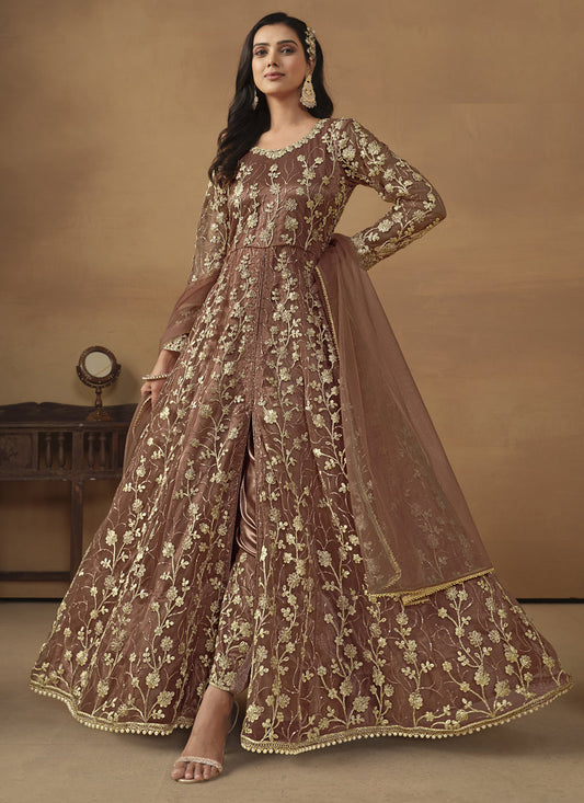 Brown Net Emboidered Wedding Wear Anarkali Suit