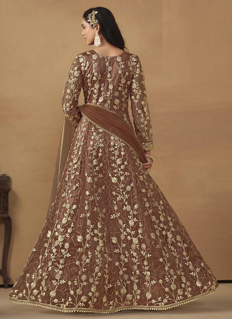 Brown Net Emboidered Wedding Wear Anarkali Suit
