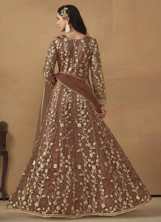 Brown Net Emboidered Wedding Wear Anarkali Suit