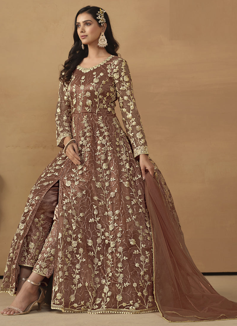 Brown Net Emboidered Wedding Wear Anarkali Suit